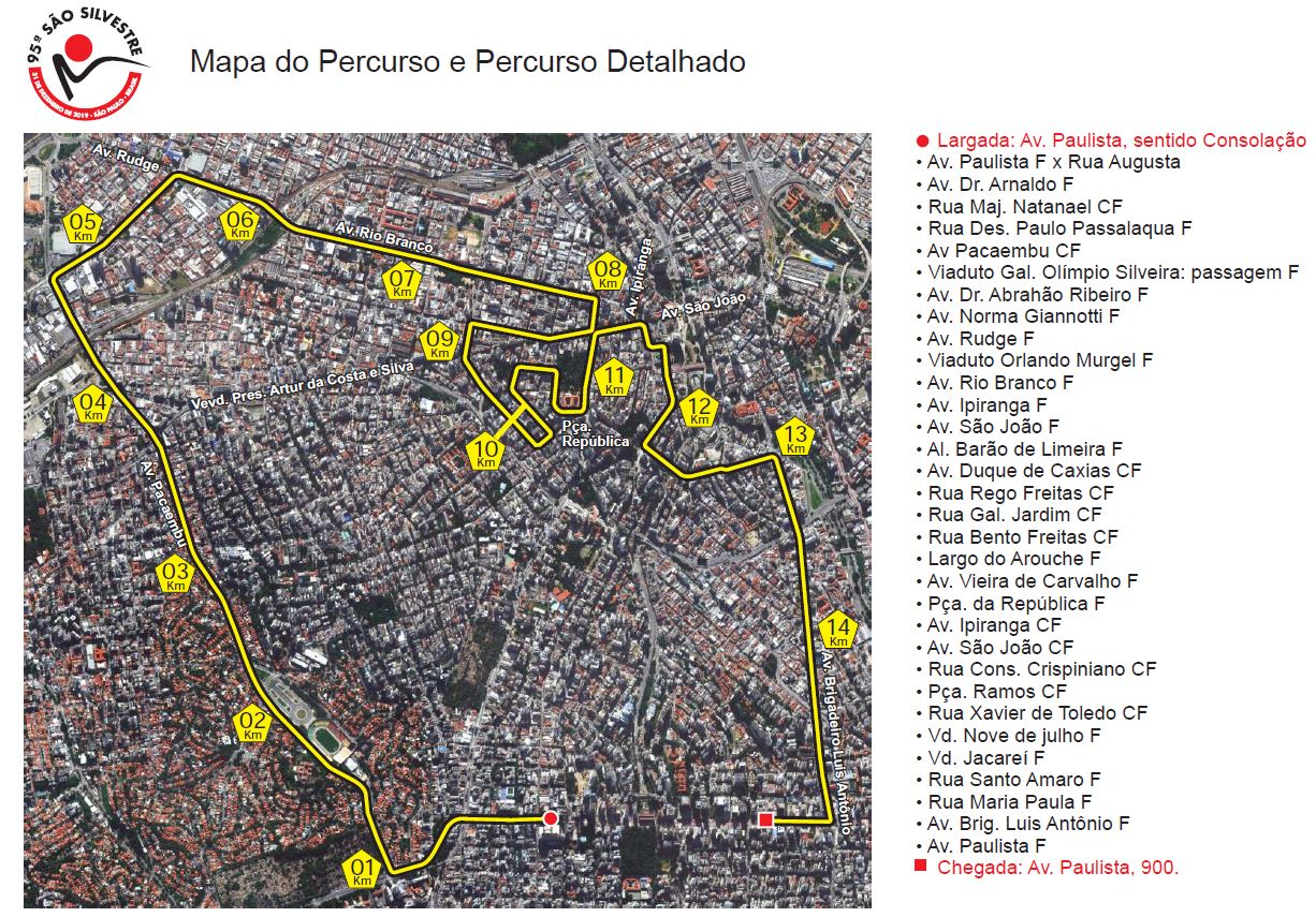 Mapa com o percurso da prova da São Silvestre